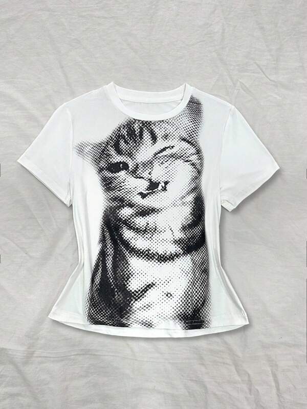 Noixe Camiseta de cuello redondo blanca de verano para mujer con estampado de cara de gato lindo