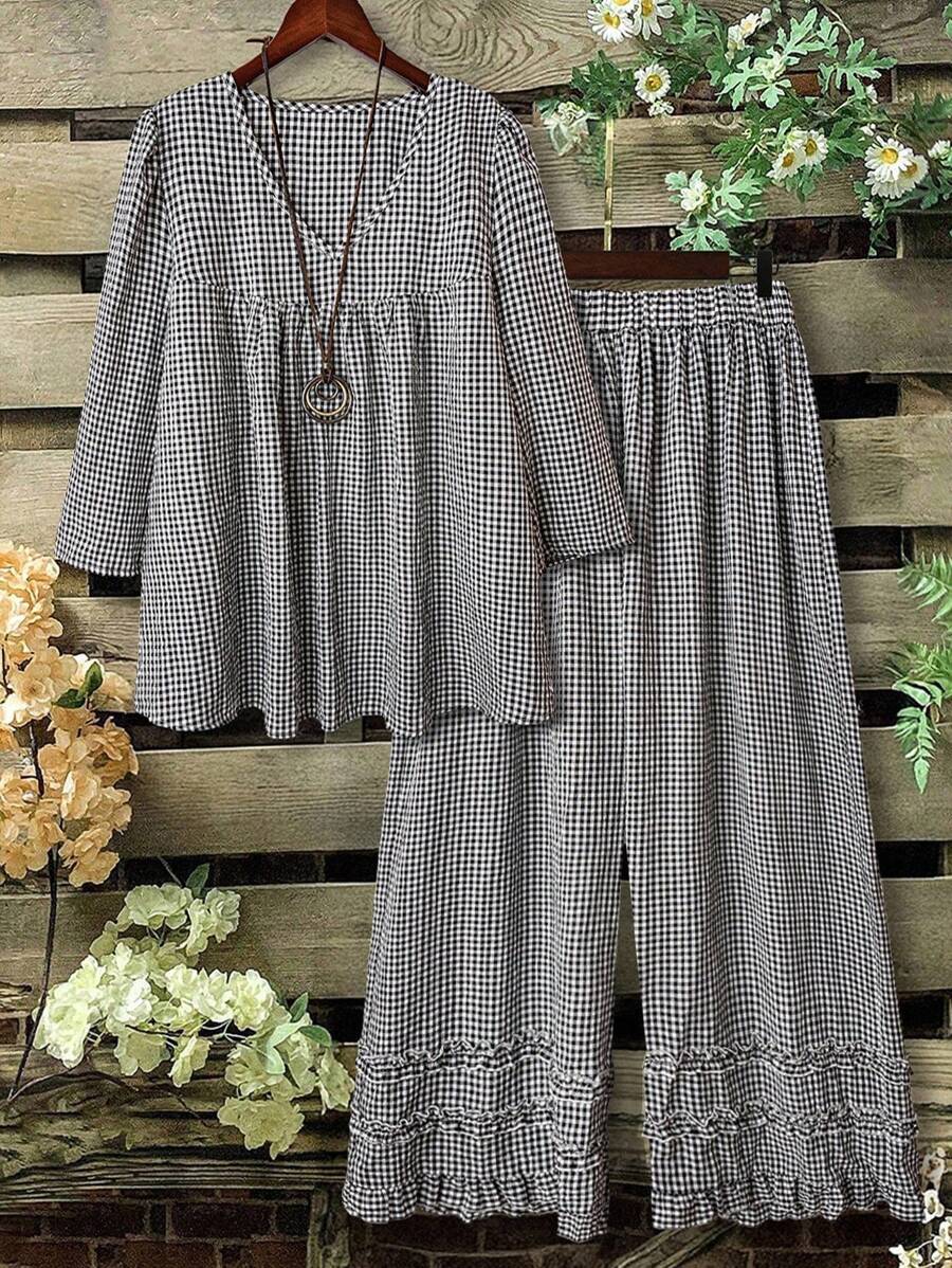 EMERY ROSE 2pcs Set: Striped 3/4 Sleeve Shirt & Casual Pants, Fashion Outfit - Black and White - View 1