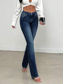 SHEIN Tall Casual Washed Low-Rise Slim Flared Jeans - Dark Wash - View 6