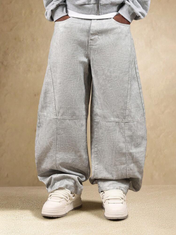 Wide Leg Gray Washed Denim With Contrast Stitching