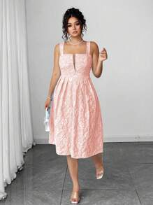 Elenzga Đầm hai dây họa tiết vải jacquard cổ chữ V cỡ lớn cho nữ, thiết kế eo, phong cách nghỉ dưỡng thường ngày - Màu Hồng baby - Xem 3