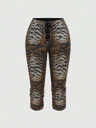 J-Fashion Plus Size Vintage Low Waist Leopard Print Sequin Lace Up Capri Pants For Women