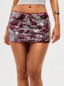 Aloruh Women's Shiny Sequin Mini Low Waist Bodycon Mesh Skirt, For Party & Evening Burgundy - Multicolor - View 6