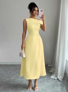 Modelyn Women's Yellow Asymmetrical Neck Waist Fitted Dress, Elegant - Yellow - View 5