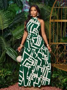 Vestido maxi con estampado integral, escote halter, fluido, con cinturón, para vacaciones (floral aleatorio) - Verde - Ver 4