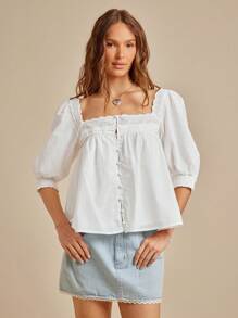 WESTFADE Áo Babydoll tay bồng cổ vuông cài nút phía trước, họa tiết hoa 100% cotton và lỗ xỏ dây thời trang mùa thu, trở lại trường, phong cách đồng quê cổ điển - trắng - Xem 6