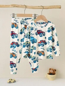 SHEIN 2pcs/Set Young Boy Snug Fit Casual Car Print Long Sleeve Top And Pants Pajama Set, Comfortable Soft Loungewear Suitable For All Seasons Fall Winter - Apricot - View 5