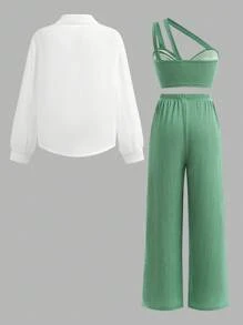 SHEIN 3pcs/Set Casual Outfit For Teens & Young Girls, Including Semi-Sheer Blouse, Camisole Top With Built-In Bra, And Simple Versatile Pants, Suitable For Outings And Gatherings