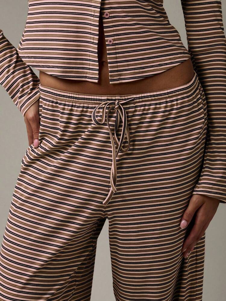 MISSGUIDED Retro Style Ribbed Two Piece Button Down Lounge Set Long Sleeve Crop Top Wide Leg Pants Drawstring Waist Fall Winter Casual Co Ord Set