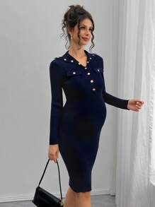 Momance Solid Color Button-Up Fitted Maternity Dress, Long Sleeve Dress - Blue - View 5