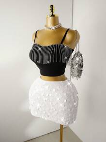 Mistrie Women Sequin Decor White Mini Skirt, For Summer For Holiday Party Clothes - White - View 6