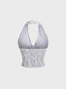 Sweetra Spring/Summer Casual Striped Halter Twist Back Sexy Cropped Shirt For Women - White - View 2