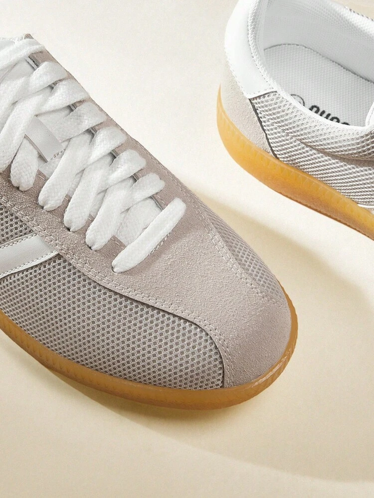 CUCCOO EASI Women's Colorblock Breathable Mesh Lace-Up Round Toe Flat Casual Sneakers, Comfortable PU Leather Gray Casual Sports Shoes For Outdoor Daily Wear