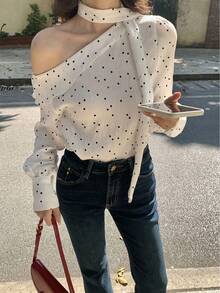 INAWLY Blusa feminina branca francesa romântica vintage com bolinhas e gola assimétrica - Multicolorido - Ver 1