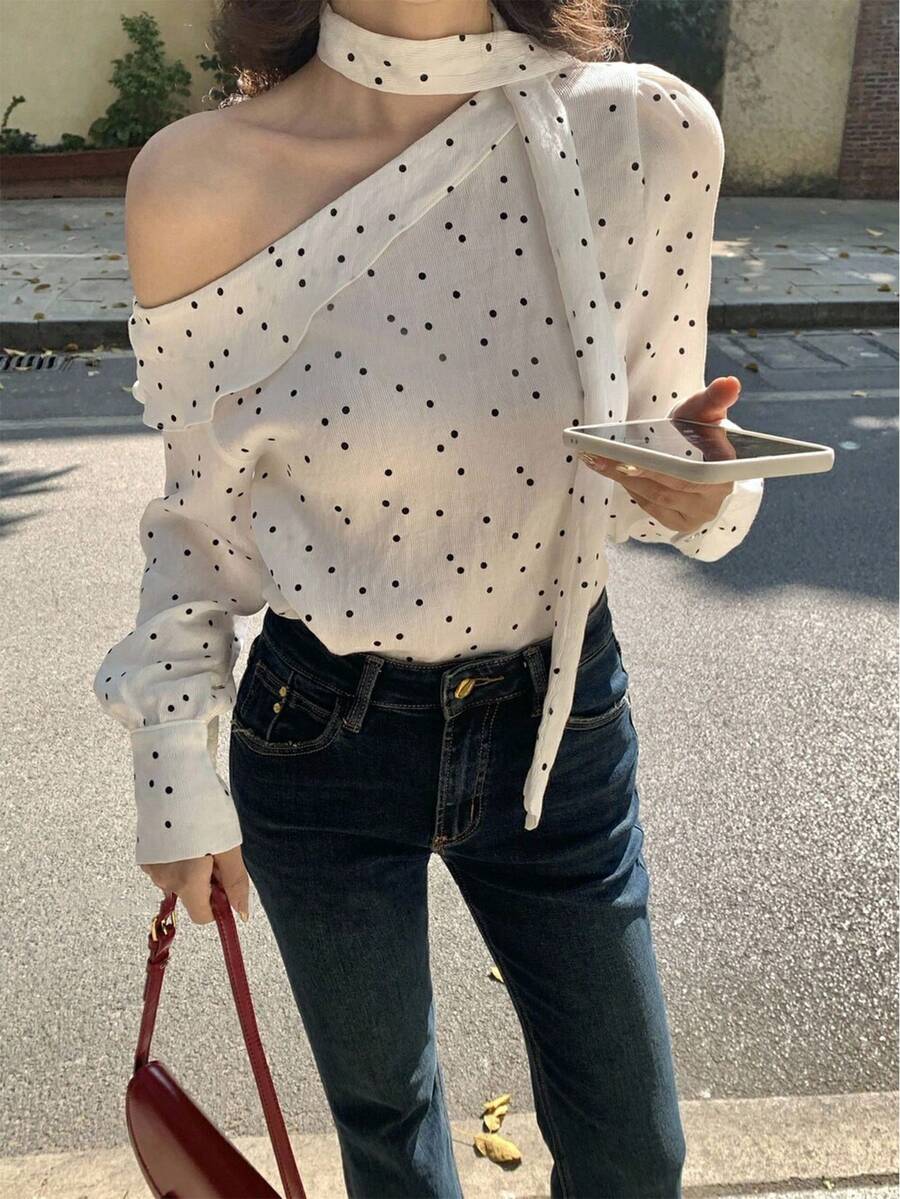 INAWLY Blusa feminina branca francesa romântica vintage com bolinhas e gola assimétrica - Multicolorido - Ver 1