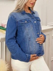 SHEIN Maternity Casual Washed Denim Jacket, Spring/Autumn