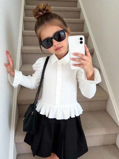 SHEIN Young Girls Casual Versatile Woven Solid Color Turndown Collar Puff Long Sleeve Fitted Ruffle Hem White Shirt, Gigot Sleeve Button Retro Peak Lapels Front Curved Hem White Shirt, Back To School, Back To School, Summer Tops, Young Girl Clothes, Babydoll Top, White Top, White Shirt, Long Sleeve Tops, Cute Tops, Back To School Season, Mom And Daughter & Sisters Matching.