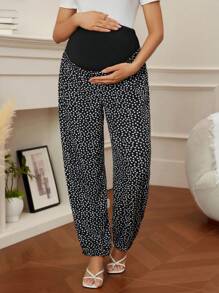 SHEIN Maternity Versatile Comfortable Printed Adjustable Waist Drawstring Pants - Black - View 6