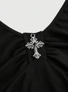 ROMWE J-Fashion Plus Size Women's Punk Cross Decor Multi-Layer Halter Mini Dress - Black - View 4