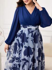Modelyn Plus Size Elegant Floral Print Patchwork Dress - Navy Blue - View 6