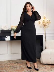 Modelyn 大码优雅纯色蕾丝拼布扭纹紧身连衣裙 - 黑色 - 查看 5