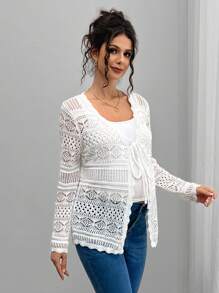 Momance Pregnant Women's Hollow Out Design Long Sleeve Front Tie Casual Thin Cardigan