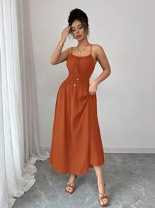 Elenzga Váy không tay xếp ly thắt nơ trước bằng vải lanh màu cà phê thoải mái cho nữ, mùa xuân/hè - Màu Cam cháy - Xem 3