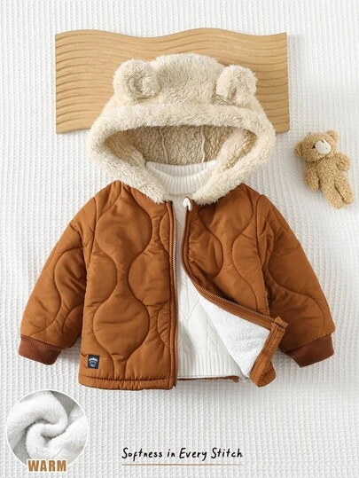Cozy Pixies Baby Boy/Girl Autumn/Winter Quilted Thermal-Lined Hooded Jacket With Cute Bear Ear Design, Thick Warm Sporty Casual Versatile Cold-Proof Fashionable Outerwear Winter Jacket Quilted Jacket Baby Boy Winter Coat Boys Fall Jacket Hooded Jacket