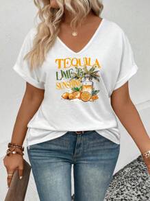 INAWLY Plus Size Women Casual V-Neck Short Sleeve Popular Fruit Element Print T-Shirt - White - View 5