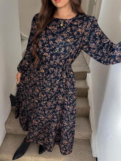SHEIN LUNE All-Over Print Casual Fashion Long-Sleeved Plus-Size Dresses For Women, Autumn Dresses For Women, Vintage Style Women'S Wedding Guest Dresses, Women'S Night Out Dresses, Women'S Homecoming Dresses, Women'S Autumn Clothing, Women'S Party Dresses, Holiday Dresses, Floral Dresses, Women'S Autumn Floral Dresses, Long-Sleeved Floral Dresses, Pastoral Style Dresses Waist-Slimming Midi Dress,A-Line Dress,Halloween Dress,Fall Clothes For Women