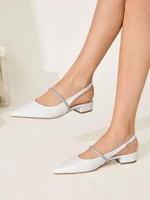 CUCCOO CHICEST Damen minimalistische Mode Spitzschuh weiße Strass Kette Blockabsatz Slip-On Lässig Loafer - Weiss - Übersicht 4