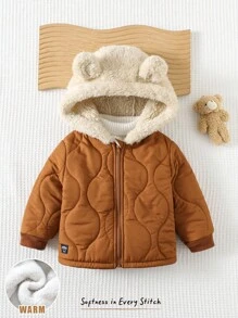 Cozy Pixies 男女宝宝秋冬季加厚保暖连帽外套，可爱小熊耳朵设计，加厚保暖，运动休闲百搭，防寒时尚外套，冬季绗缝外套，男宝宝冬季外套，男童秋季外套，连帽外套 - 棕色 - 查看 4