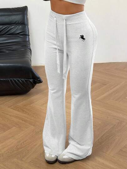 SHEIN EZwear Dam casual mångsidiga mjukisbyxor med broderad dragsko och utsvängd midja