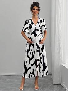 SHEIN Maternity Summer Fashion Color Block Print Split Dress - Black and White - View 4