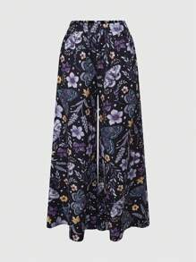 ROMWE 大码女款 Fairycore 蝴蝶蛾花卉阔腿裤 - 紫色 - 查看 5