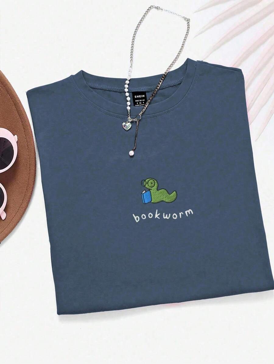 INAWLY Camiseta feminina casual com estampa de letras de desenho animado, manga curta, verão