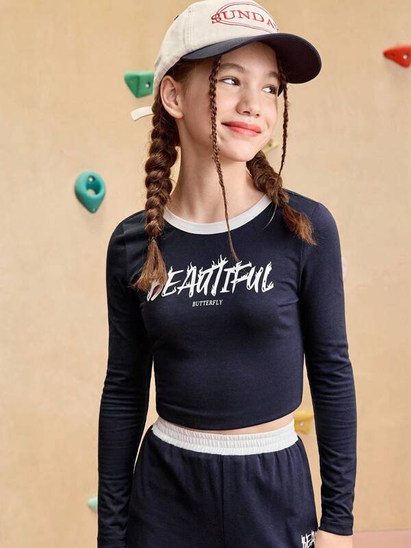 JNSQ Conjunto de 2 piezas para niñas preadolescentes de vuelta al colegio - Camiseta de manga larga ajustada con estampado gráfico de letras y pantalones rectos relajados