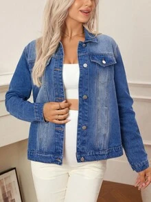 SHEIN Maternity Casual Washed Denim Jacket, Spring/Autumn
