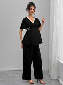 Momance Elegant Solid Color Fitted Shirt And Straight Leg Pants 2 Pieces Maternity Set - Black - View 6