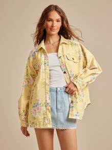 WESTFADE 花卉印花领口纽扣前长袖超大牛仔夹克秋季、秋季、冬季、波西米亚风、可爱、西部风女装，纳什维尔乡村音乐会 - 黃色 - 查看 1