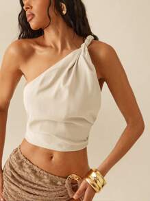 Hauture 女式夏季性感度假单肩扭纹亚麻上衣 - 杏色 - 查看 2