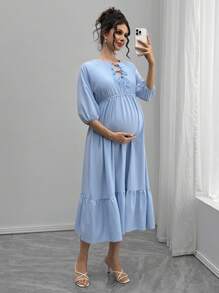 SHEIN 孕妇纯色圆领抽绳荷叶边袖休闲连衣裙 - 藍色 - 查看 6