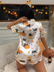 万圣节南瓜印花短袖短裤睡衣套装 - 白色 - 查看 2