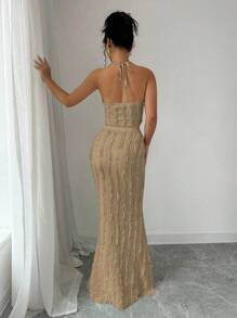 Rafferiza 2pcs/Set Women Sleeveless Deep V-Neck Front Twist Halter Backless Ruched Mermaid Dress - Khaki - View 2