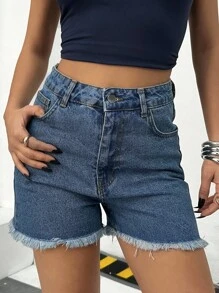 EURMUSE Minimalist Fashion Casual Solid Color Brushed Denim Shorts Suitable For Daily Wear - Medium Wash - View 2