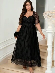 Reflora 大码优雅派对纯色蕾丝连衣裙 - 黑色 - 查看 5