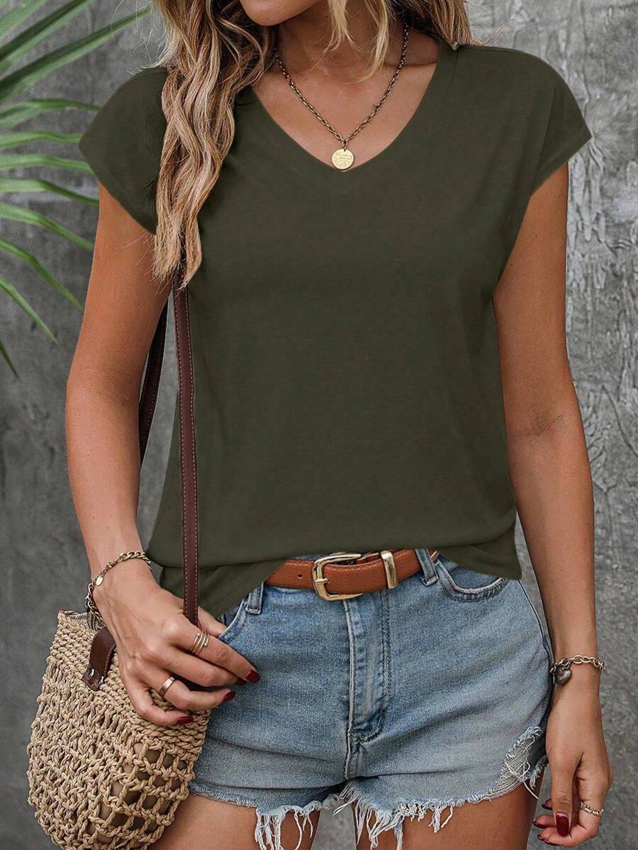 SHEIN LUNE Solid Batwing Sleeve Tee - Army Green - View 1