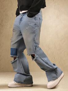 SUMWON Wide Leg Distressed Denim Jeans Y2K Fashion Baggy Relaxed Fit Vintage Style Ripped Knee Contrast Panel Raw Edge Hem Fall Winter Streetwear