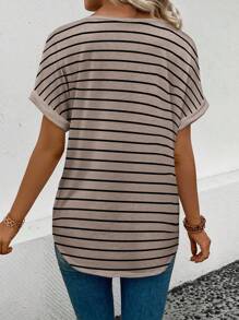 SHEIN Women's V-Neck Short Sleeve Loose Striped Heart Pattern T-Shirt, Best Seller - Multicolor - View 2