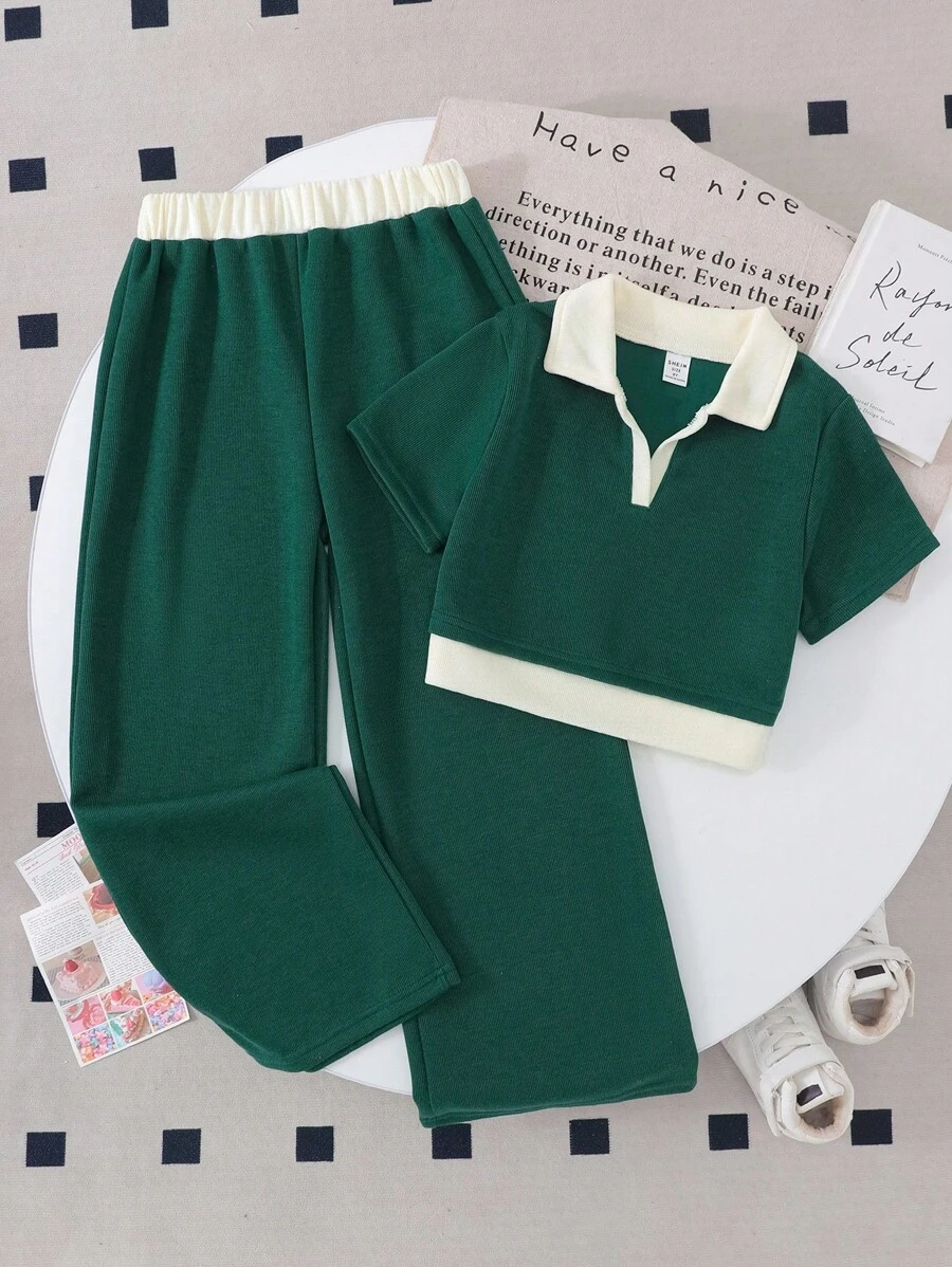 SHEIN Grey Short Top Paired With Casual Pants - Dark Green - View 1